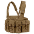 The Condor 7-Pocket Chest Rig is a tan tactical chest rig featuring adjustable shoulder straps and seven front pouches secured with buckles and flaps.