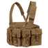 The Condor 7-Pocket Chest Rig is a tan tactical chest rig featuring adjustable shoulder straps and seven front pouches secured with buckles and flaps.