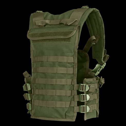 The Condor Modular Chest Set is a green tactical vest with multiple straps, buckles, and attachment points, designed for carrying gear and equipment.