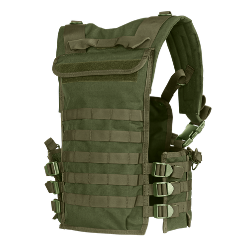 The Condor Modular Chest Set is a green tactical vest with multiple straps, buckles, and attachment points, designed for carrying gear and equipment.