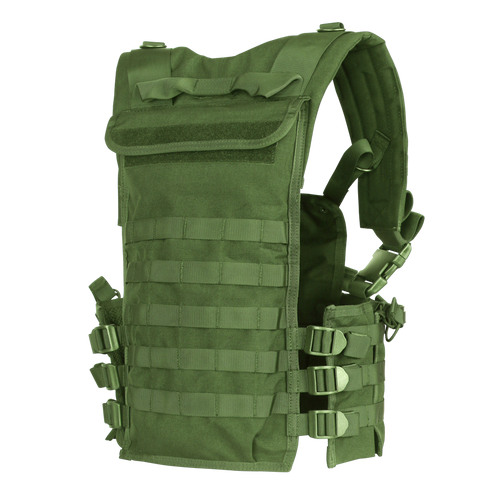 The Condor Modular Chest Set - Scorpion OCP is a tactical green vest with adjustable straps, multiple buckles, and MOLLE webbing for gear attachment, displayed on a white background.