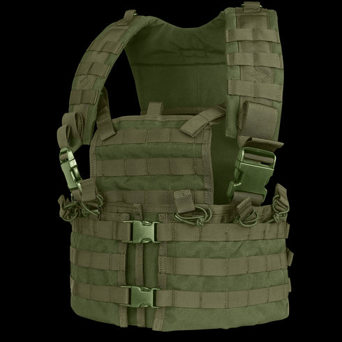 The Condor Modular Chest Set in Olive Drab features adjustable straps, padded shoulders, plastic buckles, and multiple webbing loops for secure gear carry and added protection.