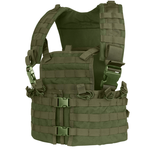 The Condor Modular Chest Set in Olive Drab features adjustable straps, padded shoulders, plastic buckles, and multiple webbing loops for secure gear carry and added protection.