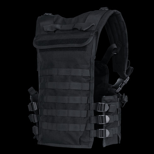 The Condor Modular Chest Set is a black tactical vest with adjustable straps and multiple rows of MOLLE webbing, ideal for military use or as EDC gear, designed to carry essential equipment and accessories.
