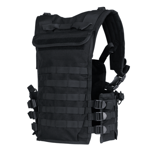 The Condor Modular Chest Set is a black tactical vest with adjustable straps and multiple rows of MOLLE webbing, ideal for military use or as EDC gear, designed to carry essential equipment and accessories.