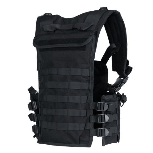 The Condor Modular Chest Set is a black tactical vest with adjustable straps and multiple rows of MOLLE webbing, ideal for military use or as EDC gear, designed to carry essential equipment and accessories.