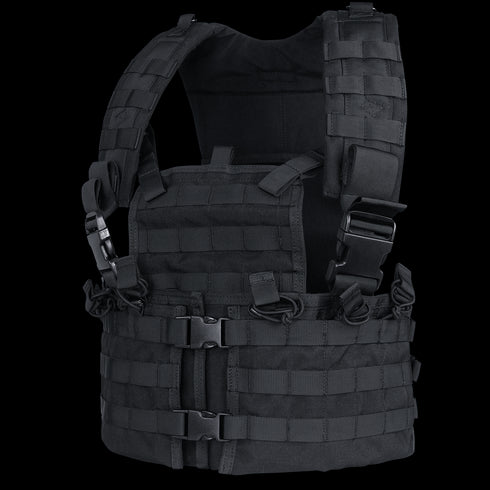The Condor Modular Chest Set is a black tactical vest with adjustable shoulder straps, front buckles, and multiple webbing loops for attaching bushcraft or EDC gear.
