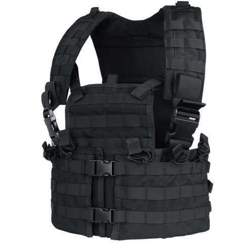 The Condor Modular Chest Set is a black tactical vest with adjustable shoulder straps, front buckles, and multiple webbing loops for attaching bushcraft or EDC gear.
