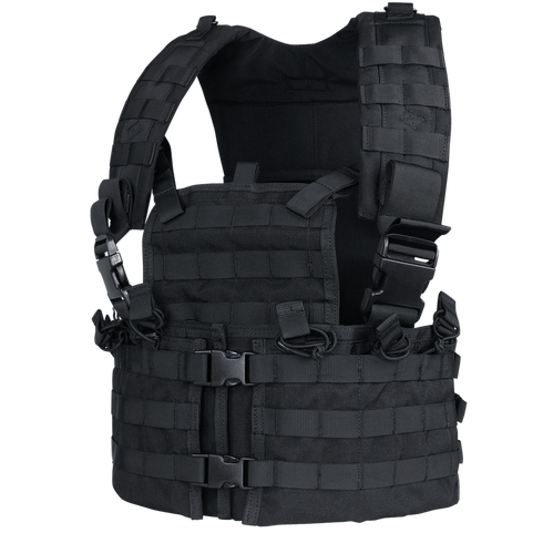 The Condor Modular Chest Set is a black tactical vest with adjustable shoulder straps, front buckles, and multiple webbing loops for attaching bushcraft or EDC gear.