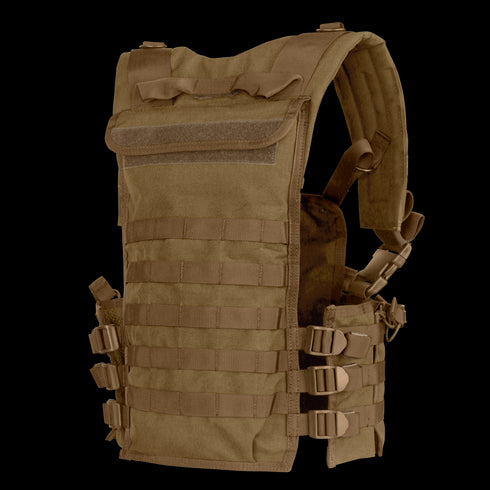 The Condor Modular Chest Set is a tan tactical vest with multiple webbing rows, adjustable shoulder straps, and side buckles—perfect for carrying gear and attachments whether on military duty or at the shooting range.