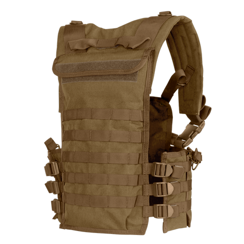 The Condor Modular Chest Set is a tan tactical vest with multiple webbing rows, adjustable shoulder straps, and side buckles—perfect for carrying gear and attachments whether on military duty or at the shooting range.