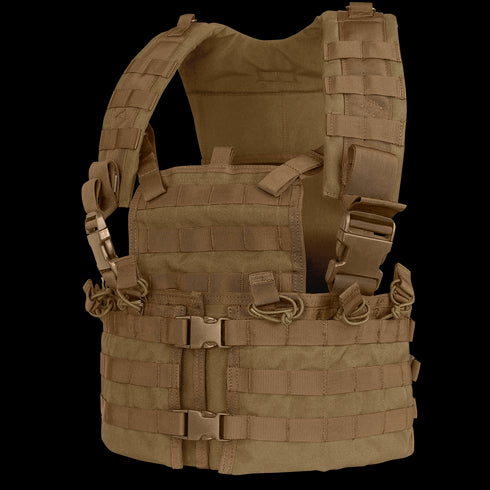 The Condor Modular Chest Set is a tan tactical vest featuring adjustable straps and multiple MOLLE webbing for attaching bushcraft or first responder gear, shown against a plain background.