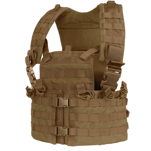 The Condor Modular Chest Set is a tan tactical vest featuring adjustable straps and multiple MOLLE webbing for attaching bushcraft or first responder gear, shown against a plain background.