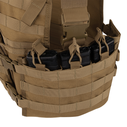 The Condor Modular Chest Set is a tan tactical vest with MOLLE webbing, perfect for military or shooting range use, and holds multiple black rifle magazines in its front pouch.