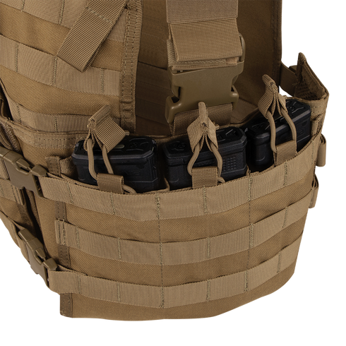 The Condor Modular Chest Set is a tan tactical vest with MOLLE webbing, perfect for military or shooting range use, and holds multiple black rifle magazines in its front pouch.