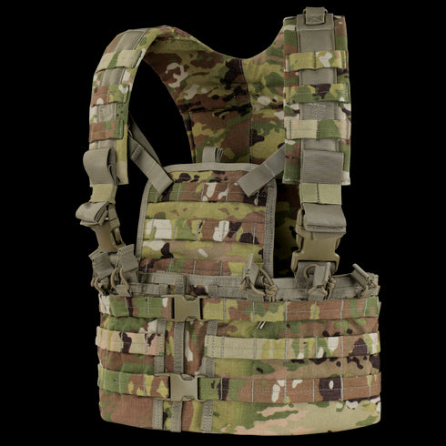 The Condor Modular Chest Set in Scorpion OCP features adjustable straps, webbing for attachments, and multiple buckles for a customizable tactical fit.