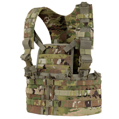 The Condor Modular Chest Set in Scorpion OCP features adjustable straps, webbing for attachments, and multiple buckles for a customizable tactical fit.