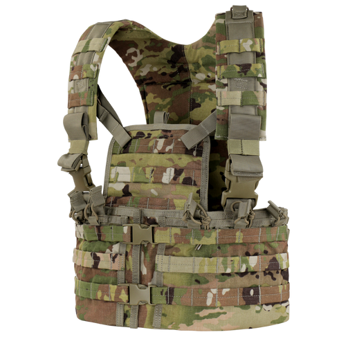 The Condor Modular Chest Set in Scorpion OCP features adjustable straps, webbing for attachments, and multiple buckles for a customizable tactical fit.