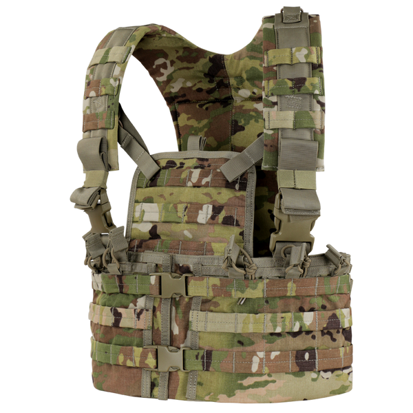 The Condor Modular Chest Set in Scorpion OCP features adjustable straps, webbing for attachments, and multiple buckles for a customizable tactical fit.