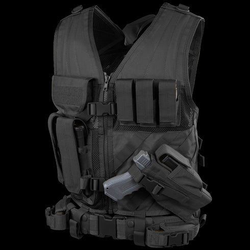 The Condor Cross Draw Vest is a black tactical vest featuring multiple pockets, a holstered handgun, and gear attachments, designed for first responders or law enforcement professionals.