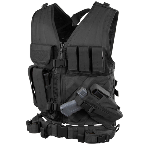 The Condor Cross Draw Vest is a black tactical vest featuring multiple pockets, a holstered handgun, and gear attachments, designed for first responders or law enforcement professionals.