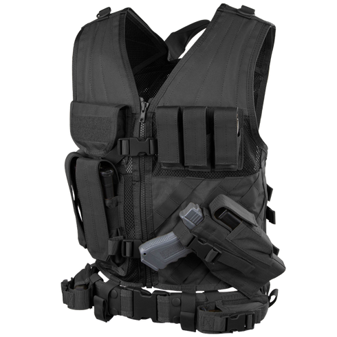 The Condor Cross Draw Vest is a black tactical vest featuring multiple pockets, a holstered handgun, and gear attachments, designed for first responders or law enforcement professionals.
