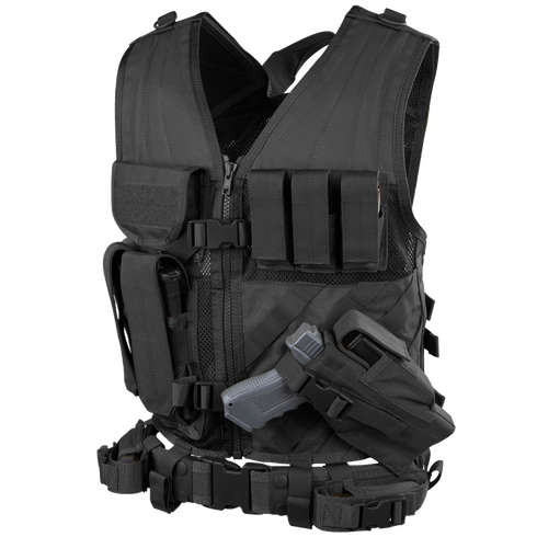 The Condor Cross Draw Vest is a black tactical vest featuring multiple pockets, a holstered handgun, and gear attachments, designed for first responders or law enforcement professionals.