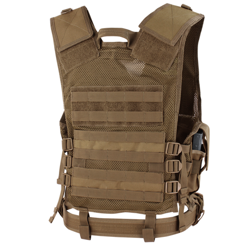 The Condor Cross Draw Vest features a tan design with MOLLE webbing, adjustable shoulder straps, mesh back panel, and multiple attachment points—ideal for law enforcement or shooting range use.
