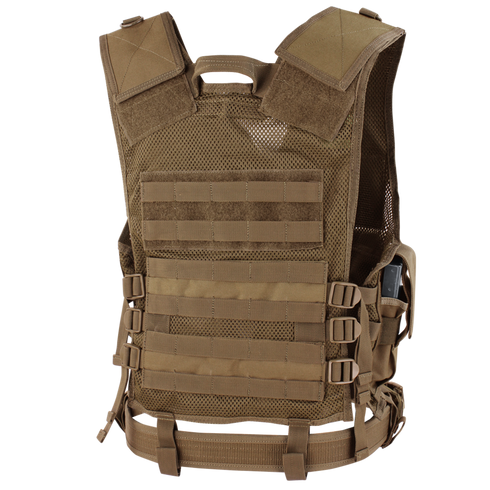 The Condor Cross Draw Vest is a tan tactical vest with adjustable straps, mesh padding, MOLLE webbing, and buckle closures—ideal for carrying gear and attachments.