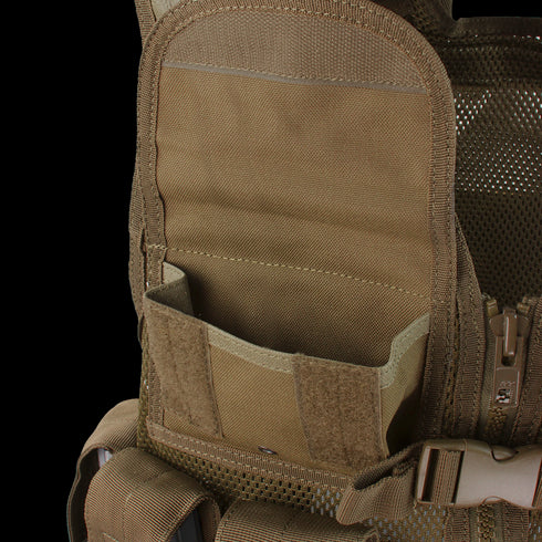 Close-up of the Condor Cross Draw Vest pocket—features Velcro flap, mesh fabric, and MOLLE webbing—partially unzipped to show organized storage, perfect for EDC or law enforcement.