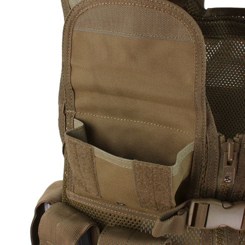 Close-up of the Condor Cross Draw Vest in brown, featuring a mesh pocket with Velcro flap, side zipper, and webbing details for gear attachment.