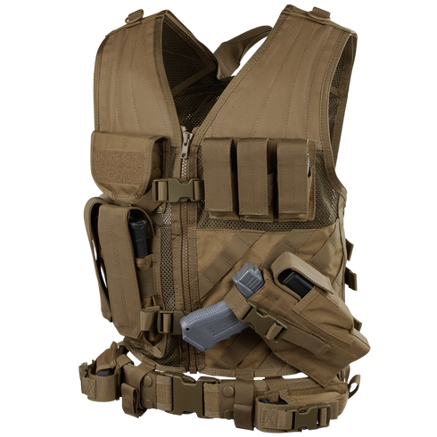 The Condor Cross Draw Vest is a tan tactical vest for military or EDC use, featuring multiple pouches, pockets, holsters—including a holstered handgun and magazine holders—displayed upright.