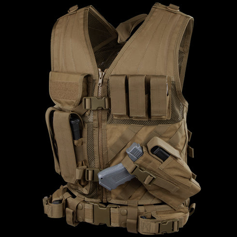 The Condor Cross Draw Vest is a tan tactical vest for military or EDC use, featuring multiple pouches, pockets, holsters—including a holstered handgun and magazine holders—displayed upright.
