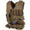 The Condor Cross Draw Vest is a tan tactical vest for military or EDC use, featuring multiple pouches, pockets, holsters—including a holstered handgun and magazine holders—displayed upright.