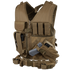 The Condor Cross Draw Vest is a tan tactical vest for military or EDC use, featuring multiple pouches, pockets, holsters—including a holstered handgun and magazine holders—displayed upright.