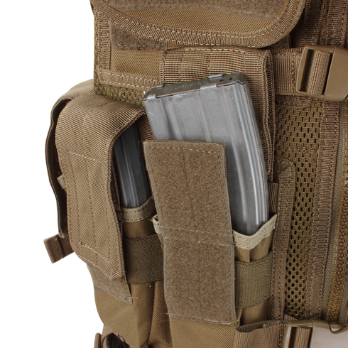 Close-up of two metal rifle magazines in brown Condor Cross Draw Vest pouches with Velcro flaps.