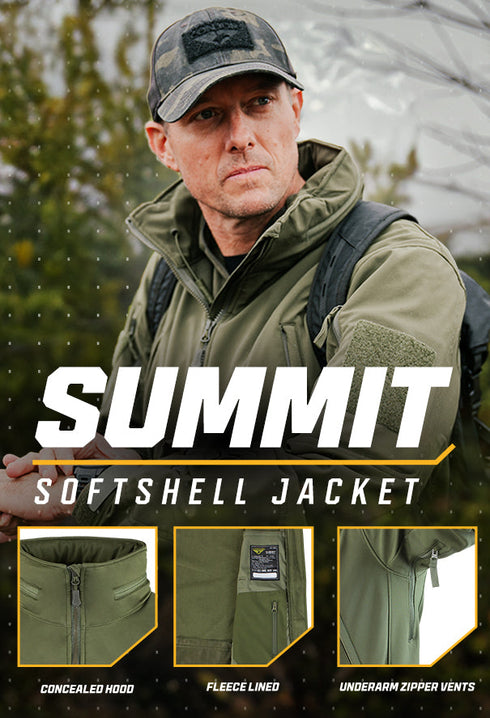 Man outdoors in a Condor Summit Softshell Jacket (green) and camo cap; inset images highlight the tactical hood, fleece lining, and underarm zipper vents. Text: SUMMIT SOFTSHELL JACKET.