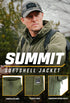 Man wearing an olive green softshell jacket and camo hat outdoors; text highlights concealed hood, fleece lining, and underarm zipper vents.