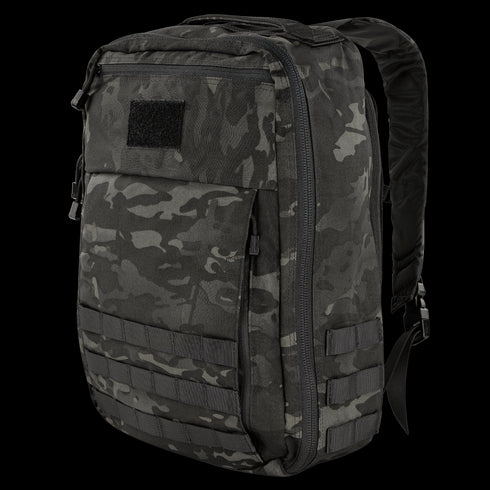 The Condor Prime Pack 21L in MultiCam Black features a camouflage pattern, multiple compartments, straps, and a front loop patch.
