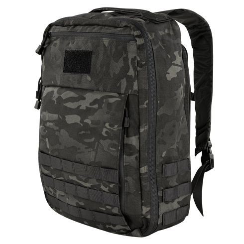 The Condor Prime Pack 21L in MultiCam Black features a camouflage pattern, multiple compartments, straps, and a front loop patch.