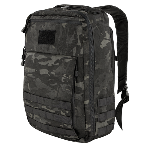 The Condor Prime Pack 21L in MultiCam Black features a camouflage pattern, multiple compartments, straps, and a front loop patch.