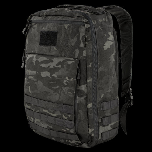 The Condor Prime Pack 21L in MultiCam Black features a camouflage pattern, multiple compartments, straps, and a front loop patch.