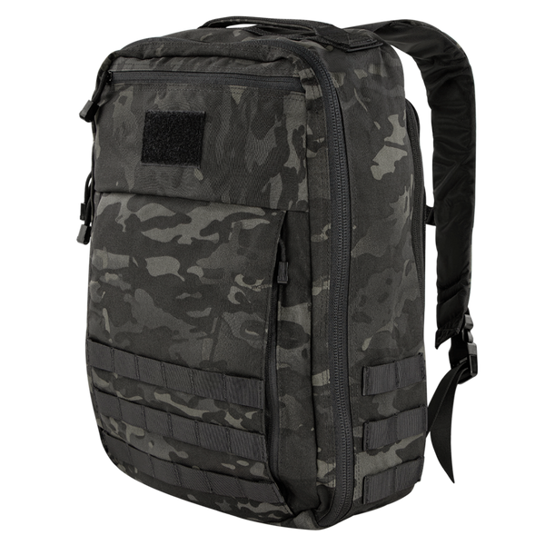 The Condor Prime Pack 21L in MultiCam Black features a camouflage pattern, multiple compartments, straps, and a front loop patch.