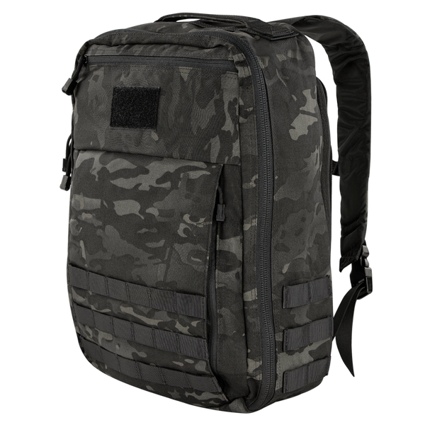 The Condor Prime Pack 21L in MultiCam Black features a camouflage pattern, multiple compartments, straps, and a front loop patch.