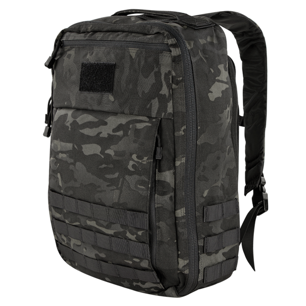 The Condor Prime Pack 21L in MultiCam Black features a camouflage pattern, multiple compartments, straps, and a front loop patch.