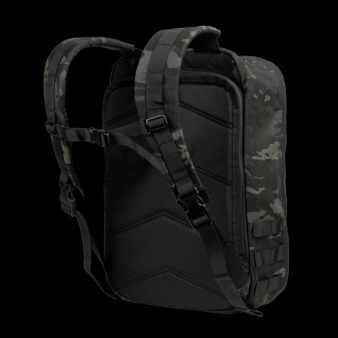 The Condor Prime Pack 21L in MultiCam Black features padded shoulder straps, a sternum strap, and a durable, structured back design.