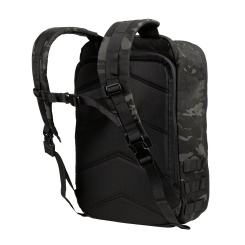 The Condor Prime Pack 21L in MultiCam Black features padded shoulder straps, a sternum strap, and a durable, structured back design.