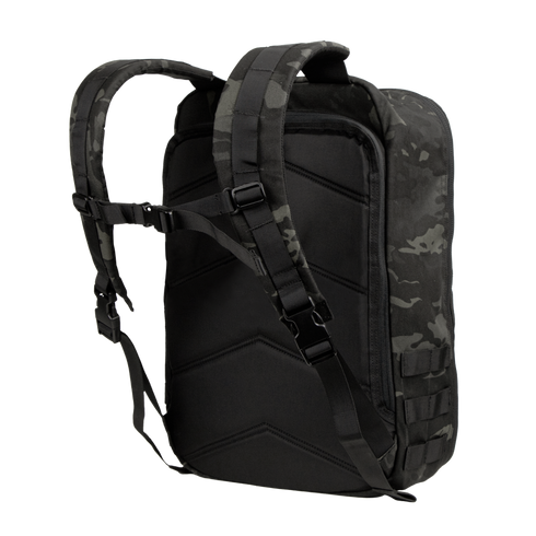 The Condor Prime Pack 21L in MultiCam Black features padded shoulder straps, a sternum strap, and a durable, structured back design.