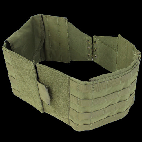 The Condor Defender Plate Carrier in olive green features MOLLE webbing with adjustable Velcro and lace-up closure, shown on a white background.