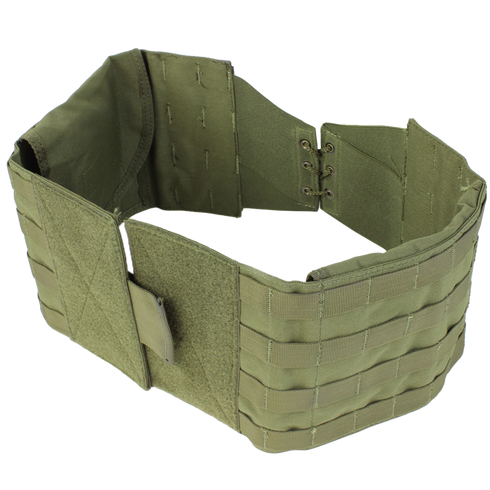 The Condor Defender Plate Carrier in olive green features MOLLE webbing with adjustable Velcro and lace-up closure, shown on a white background.